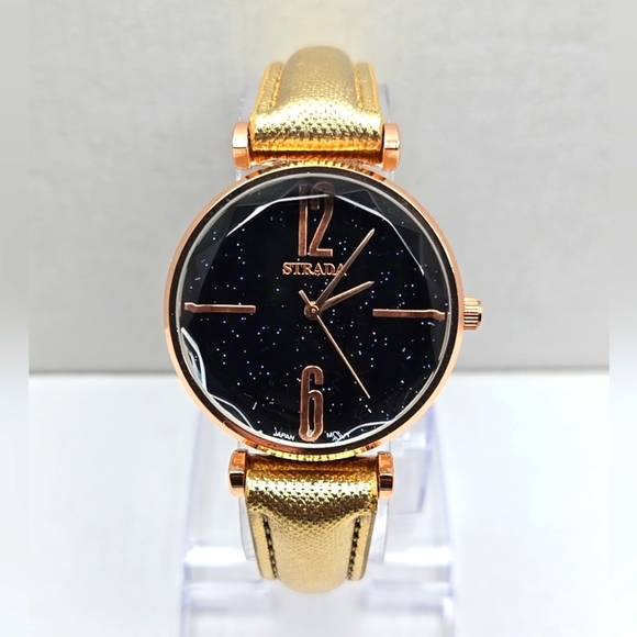 Womens Strada Rose Gold Tone Diamond Cut Bezel Watch Leather Sparkle New Battery - Picture 1 of 11